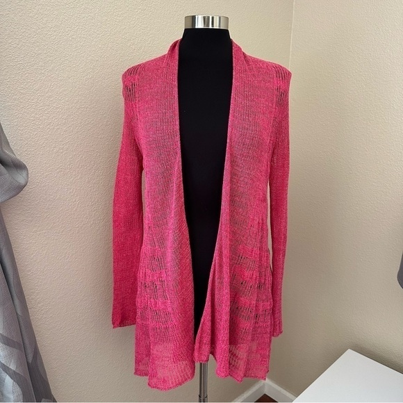 Eileen Fisher Cardigan Pink Open Front Weave Knit Swing Crochet - Picture 1 of 11